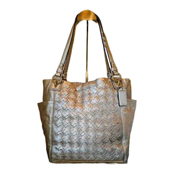 Coach North South Gold Metallic Woven Leather Tote Bag - Picture 1 of 7